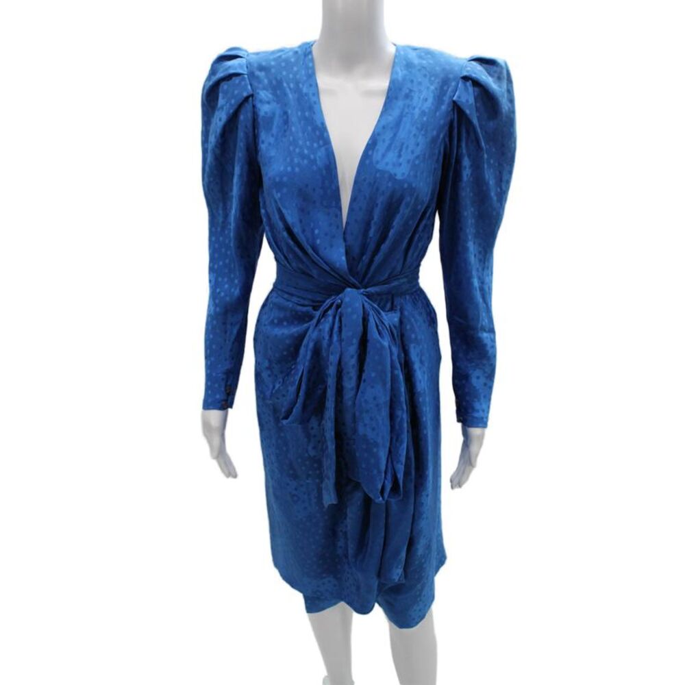 Giorgio Womens Wrap Dress Blue Silk Midi V-Neck Longsleeve Polka Dot Tie Size M